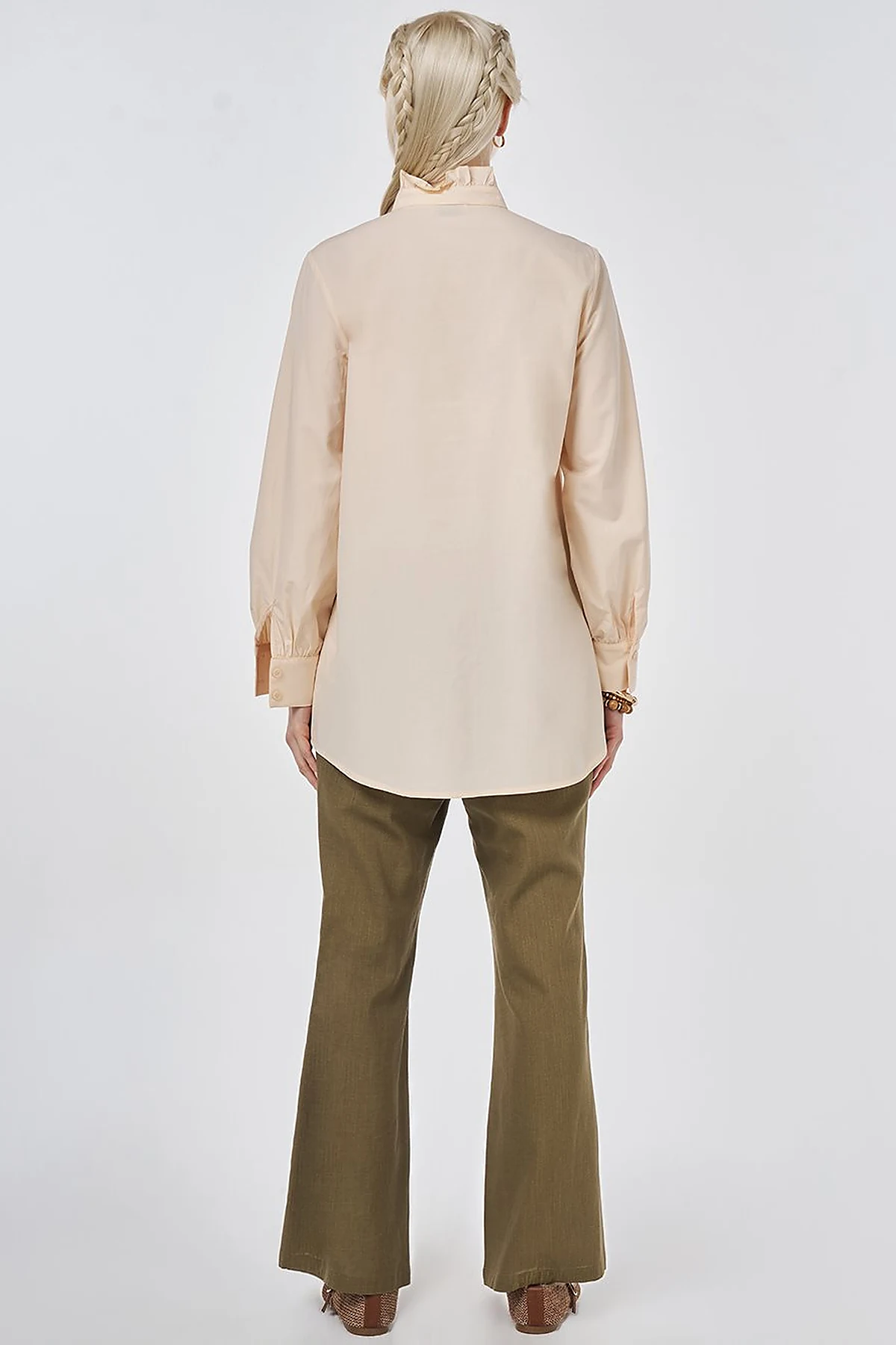 Ruffle Neck Cotton Blouse, Beige