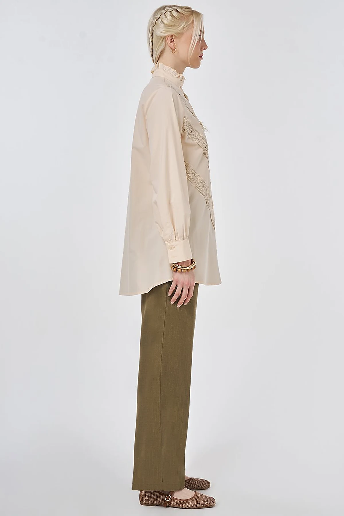 Ruffle Neck Cotton Blouse, Beige