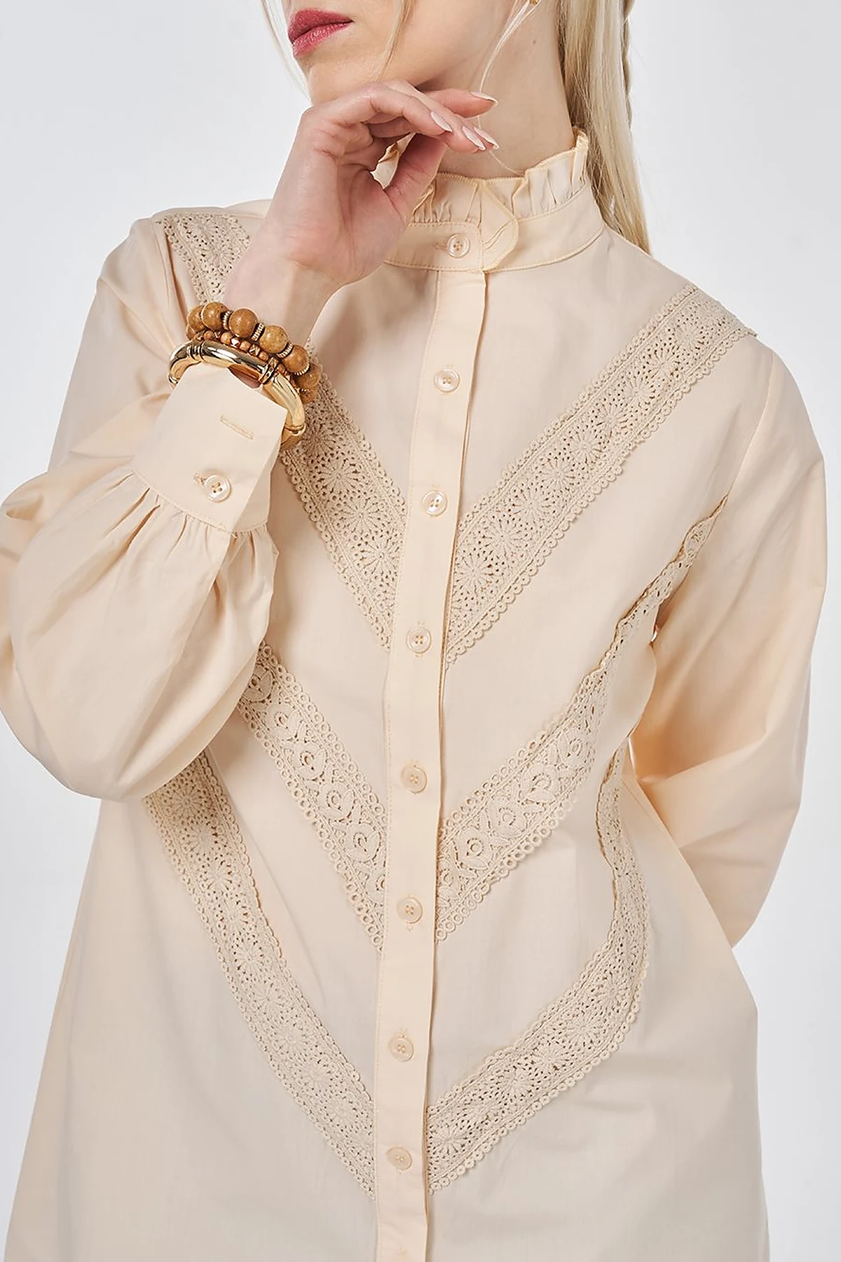Ruffle Neck Cotton Blouse, Beige
