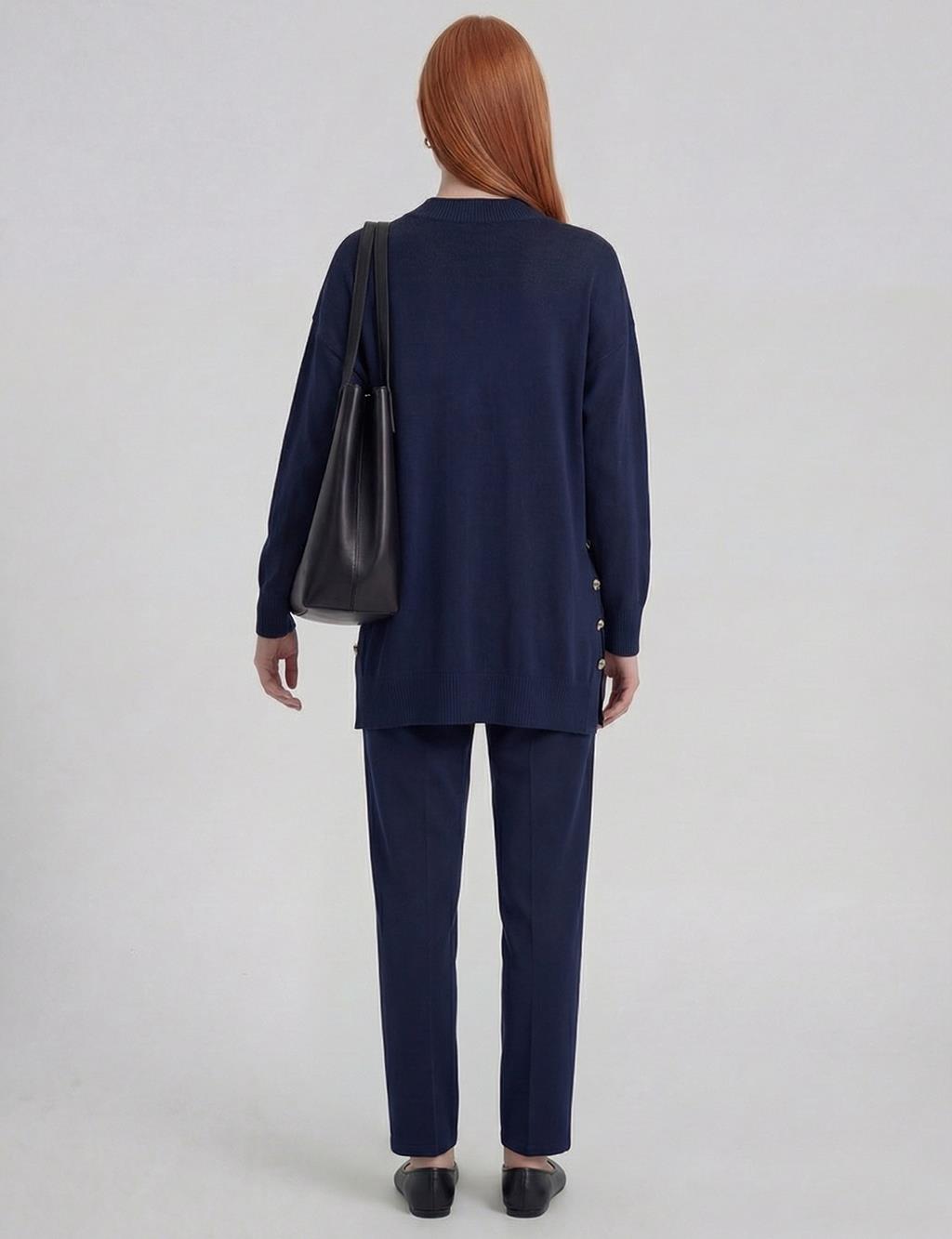 Button Detailed Knitwear Set Navy Blue