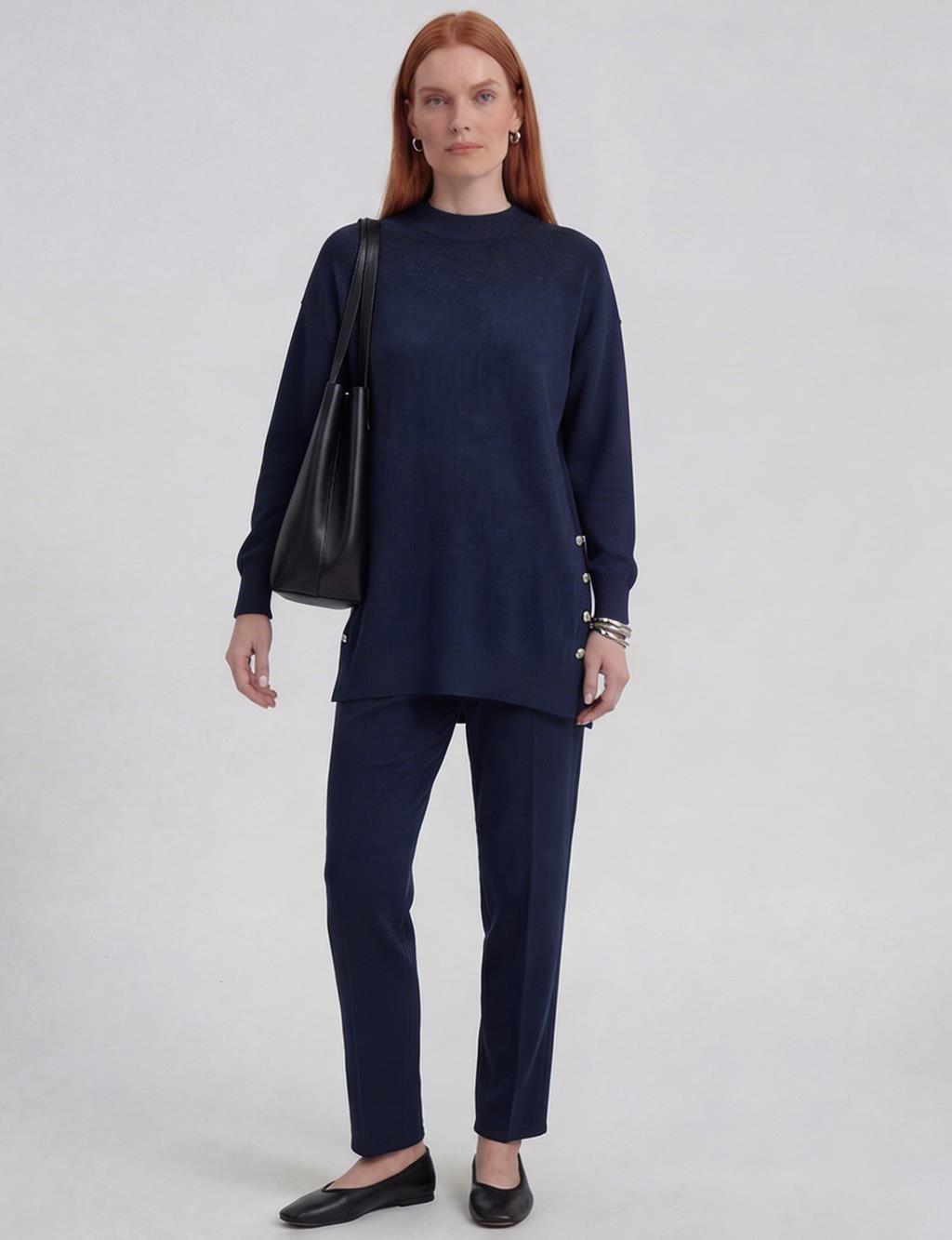Button Detailed Knitwear Set Navy Blue