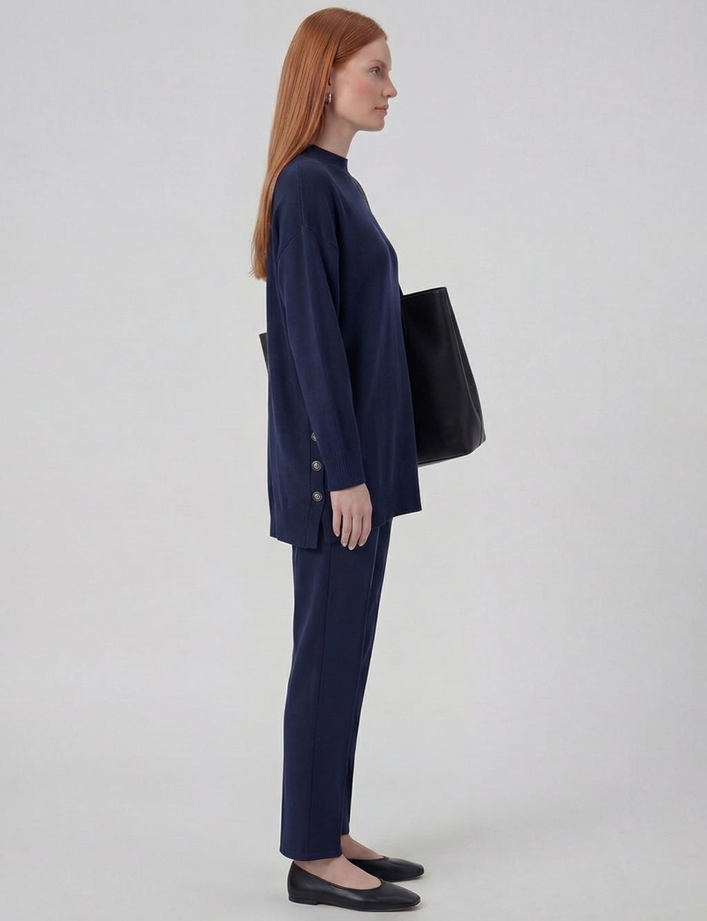 Button Detailed Knitwear Set Navy Blue