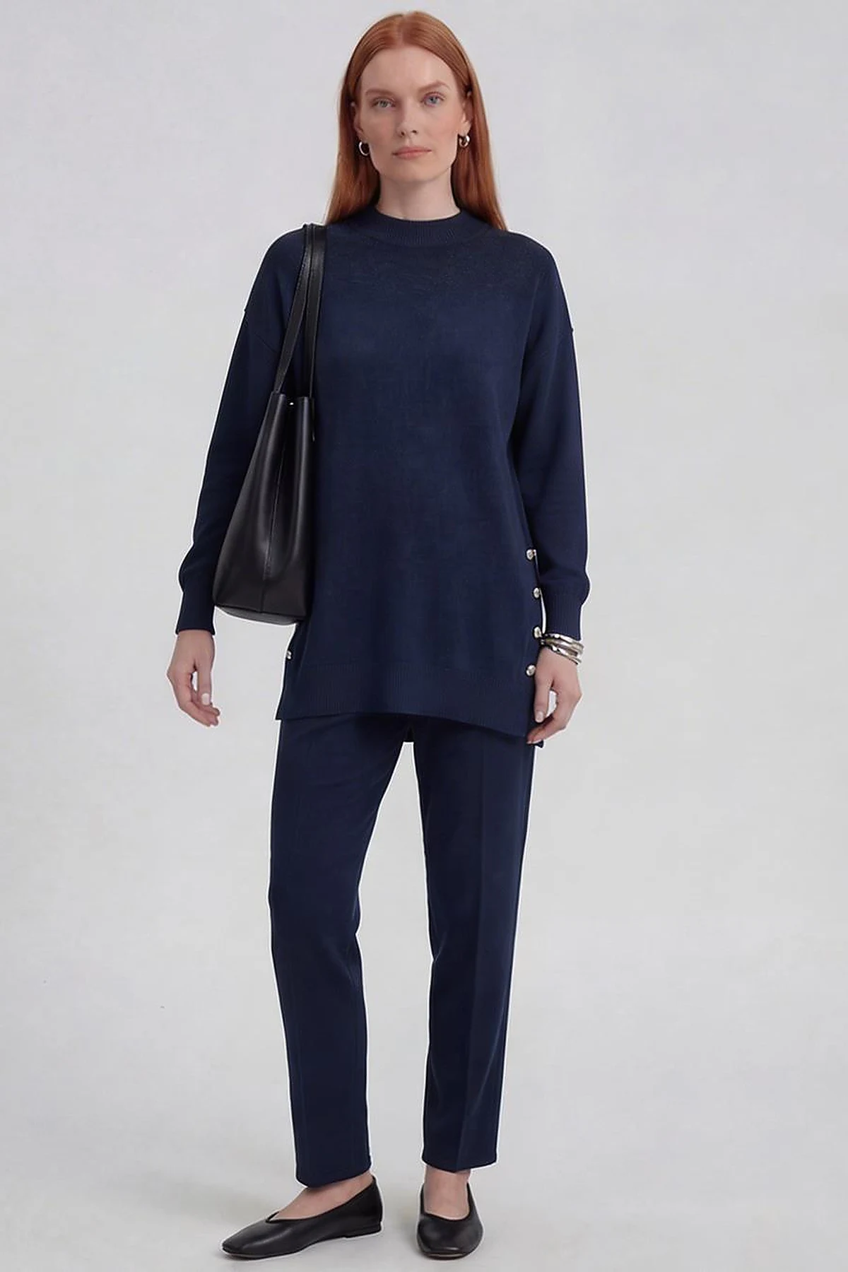 Button Detailed Knitwear Set Navy Blue