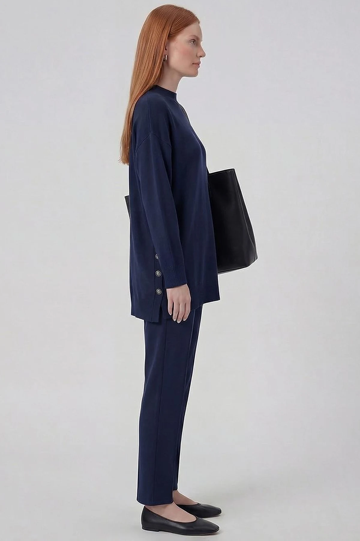 Button Detailed Knitwear Set Navy Blue