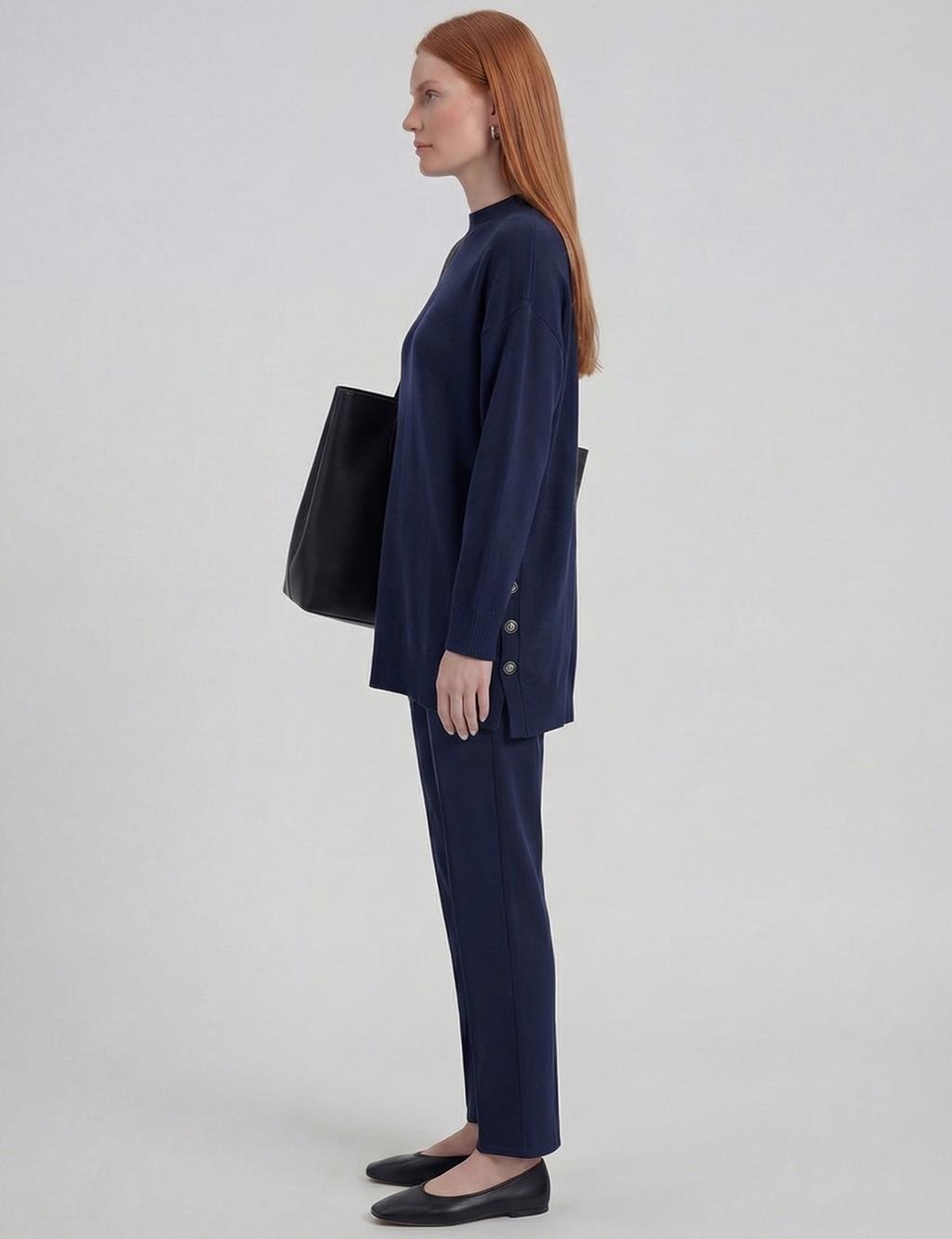 Button Detailed Knitwear Set Navy Blue