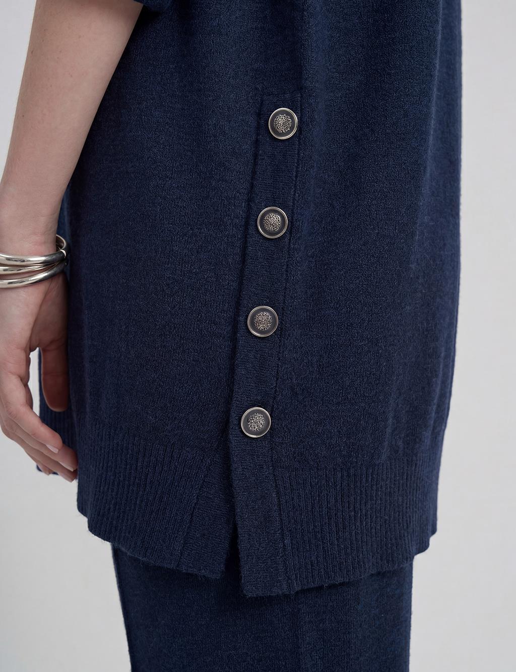 Button Detailed Knitwear Set Navy Blue