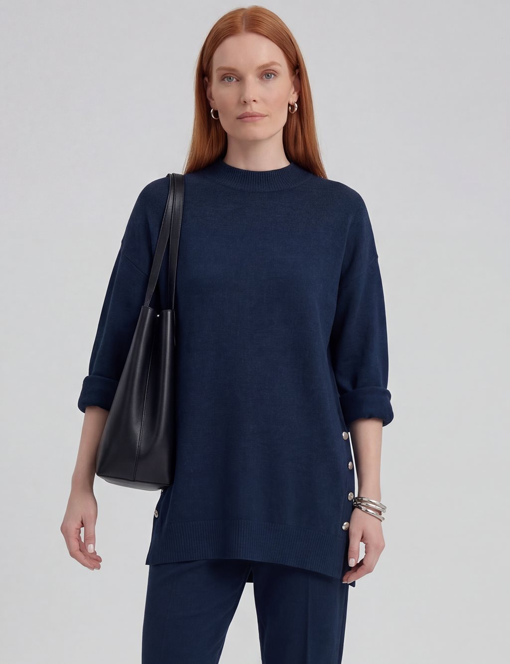 Button Detailed Knitwear Set Navy Blue