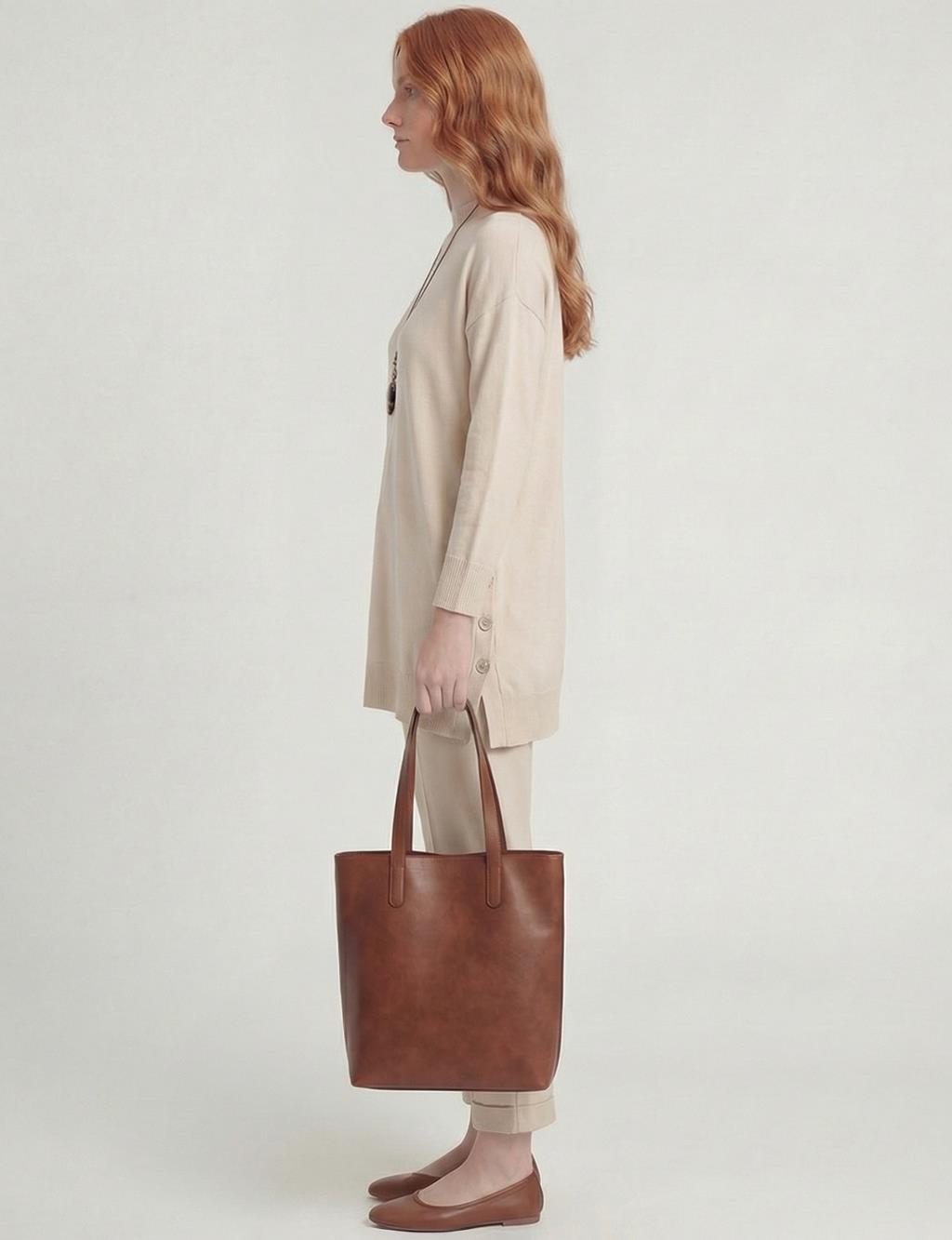 Button Detailed Knitwear Set Beige