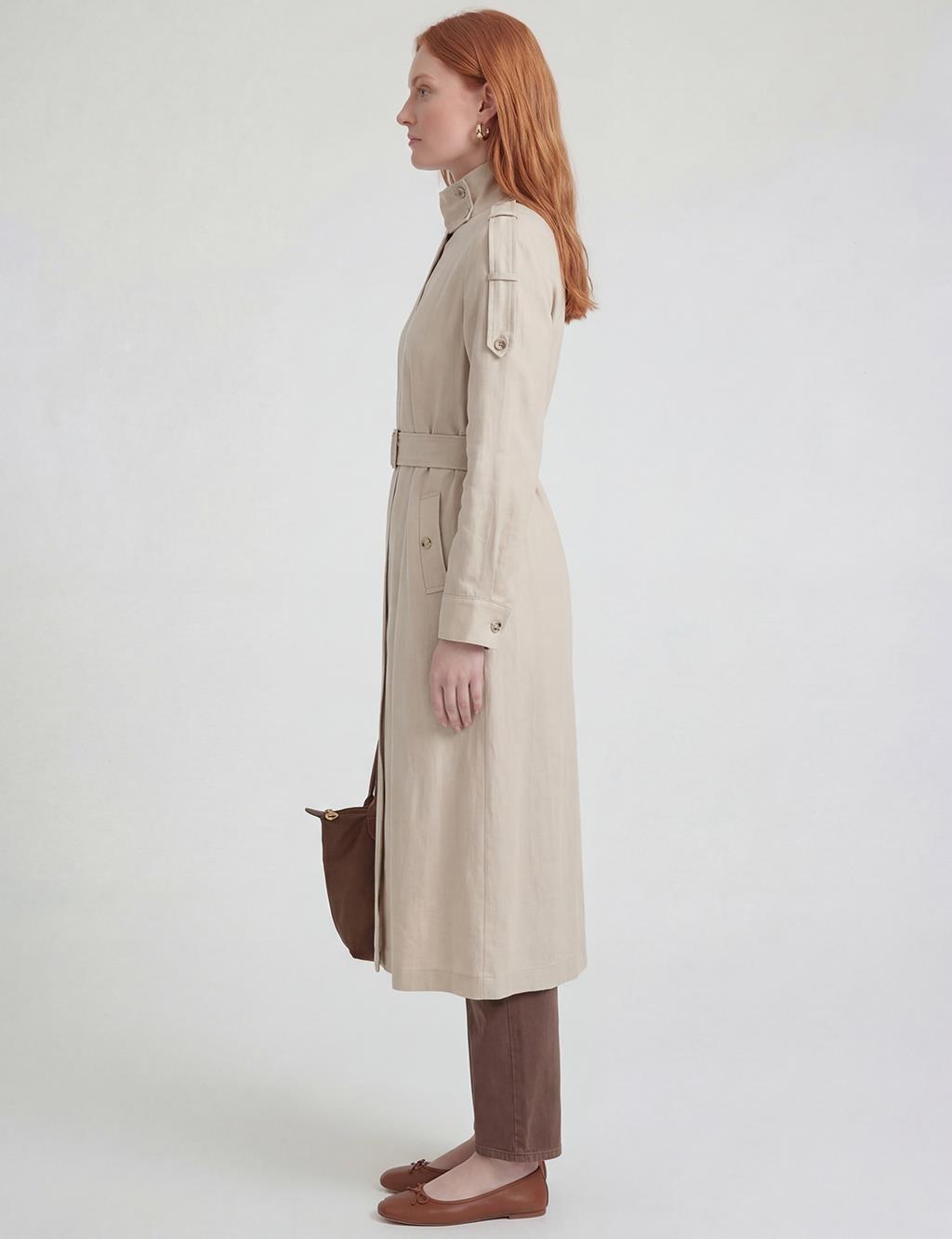 Belt-Detail Linen Lyocell Coat Stone