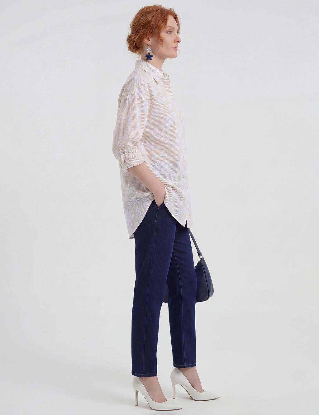 Nakış Aplikeli Pamuk Modal Tunik Bej