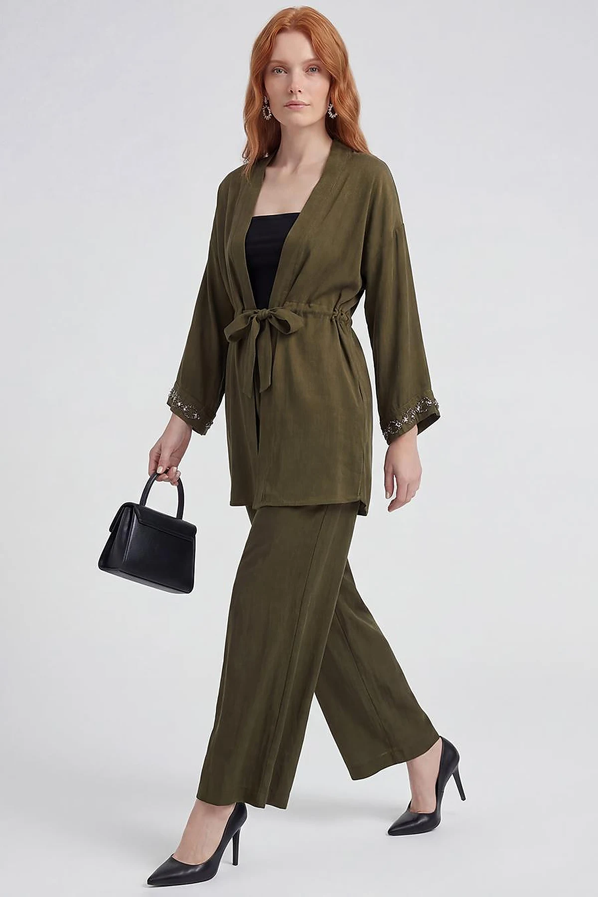 100% Lyocell Embroidered Two-Piece Set Dark Khaki