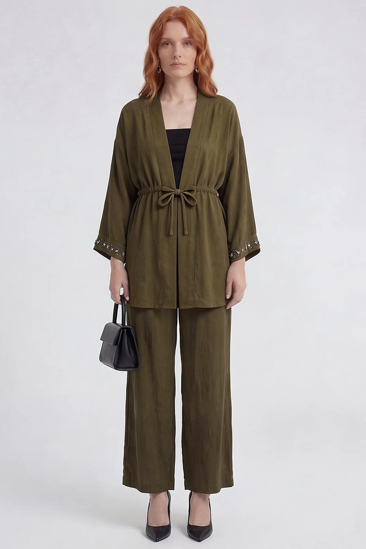 100% Lyocell Embroidered Two-Piece Set Dark Khaki