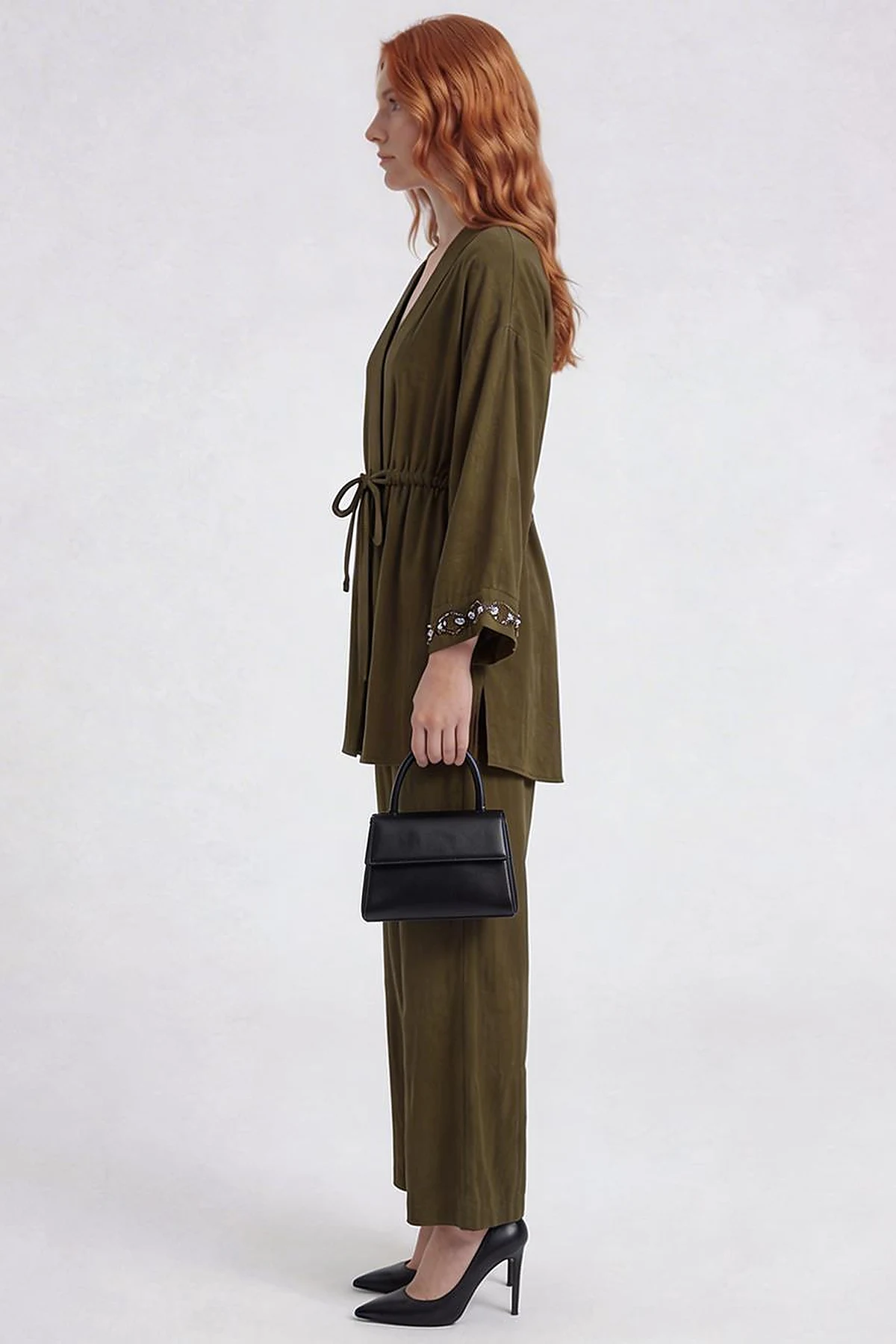 100% Lyocell Embroidered Two-Piece Set Dark Khaki