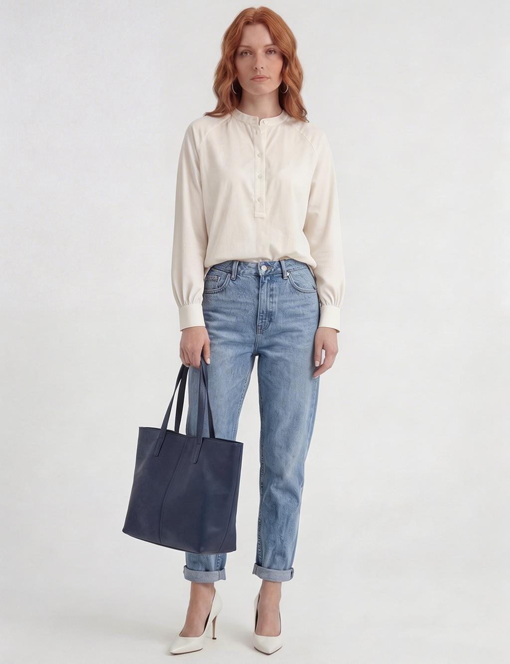 Reglan Kol Pamuklu Bluz Ekru 