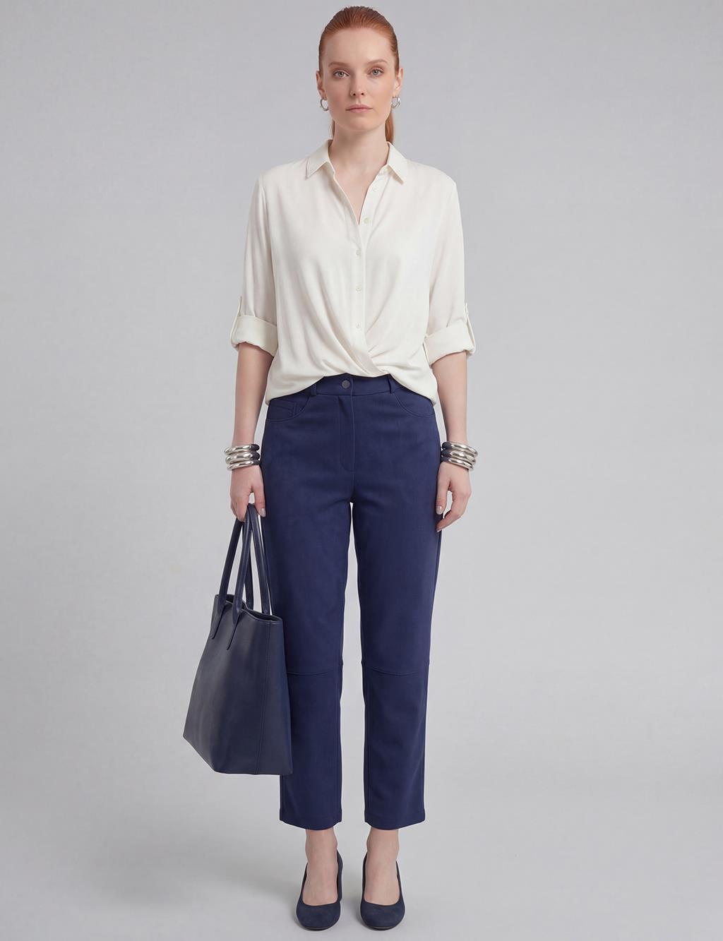 Suede Trousers with Stitching in Dark Navy Blue