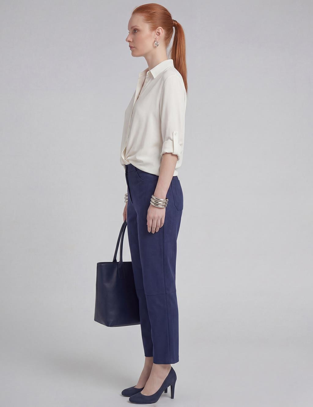 Suede Trousers with Stitching in Dark Navy Blue