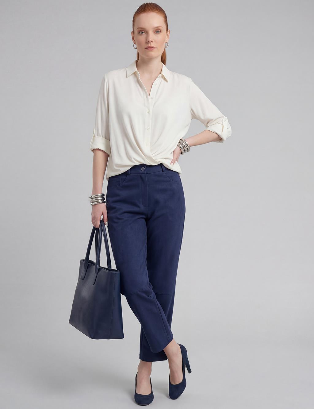Suede Trousers with Stitching in Dark Navy Blue