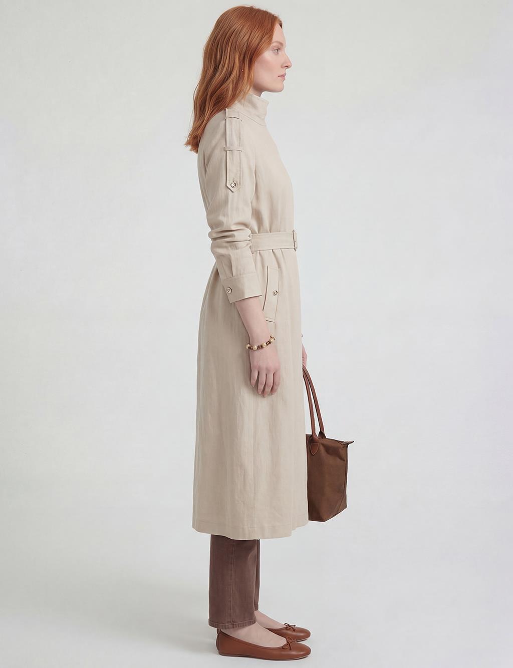 Belt-Detail Linen Lyocell Coat Stone