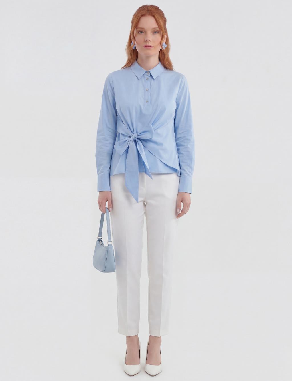 Tie-Detail Cotton Blouse Light Air Force Blue