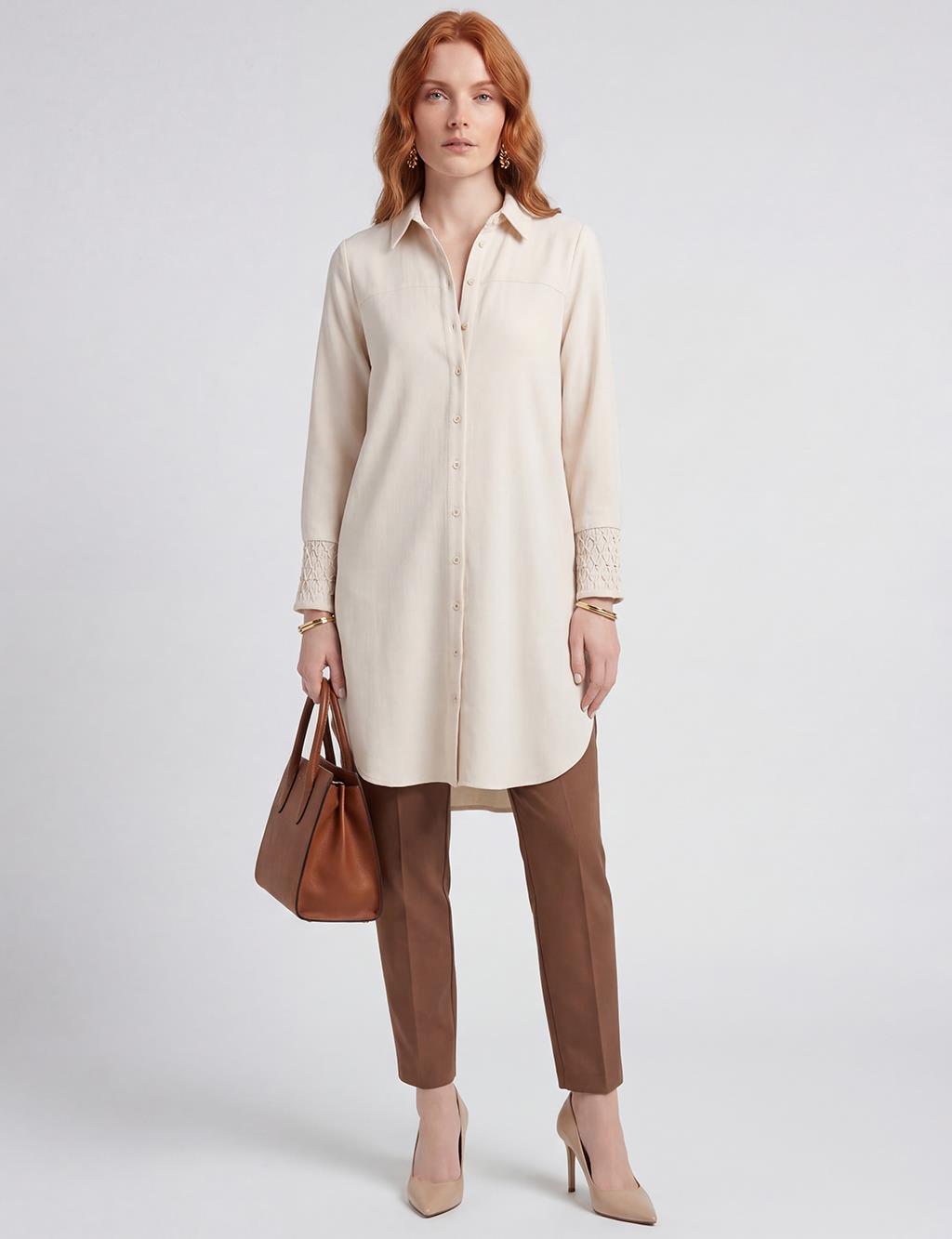 Manşet Detaylı Uzun Tunik Krem 