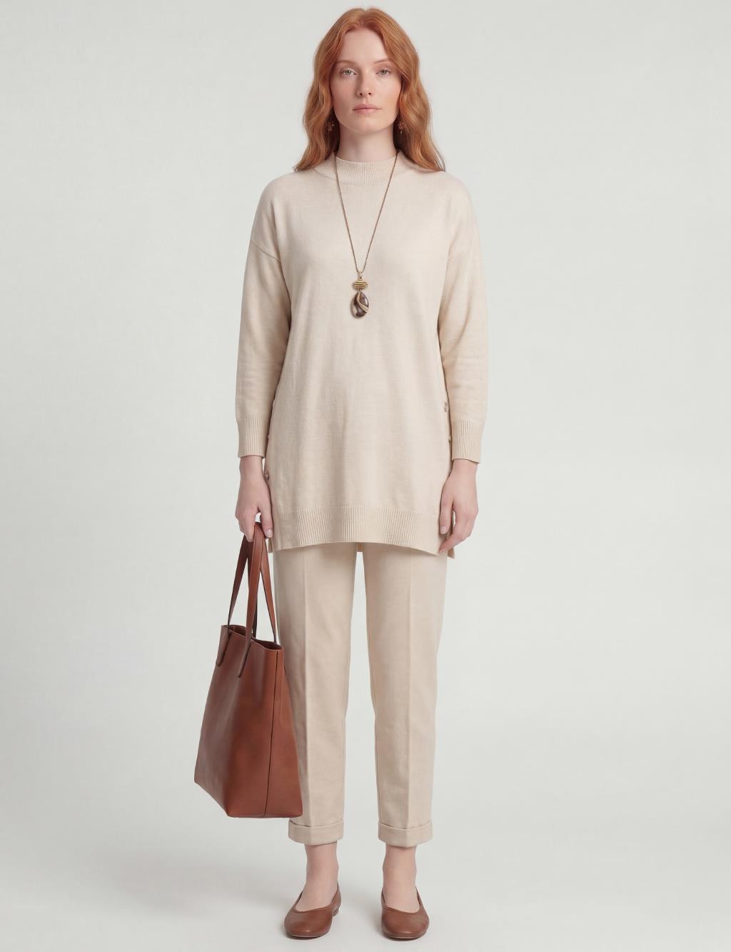 Button Detailed Knitwear Set Beige