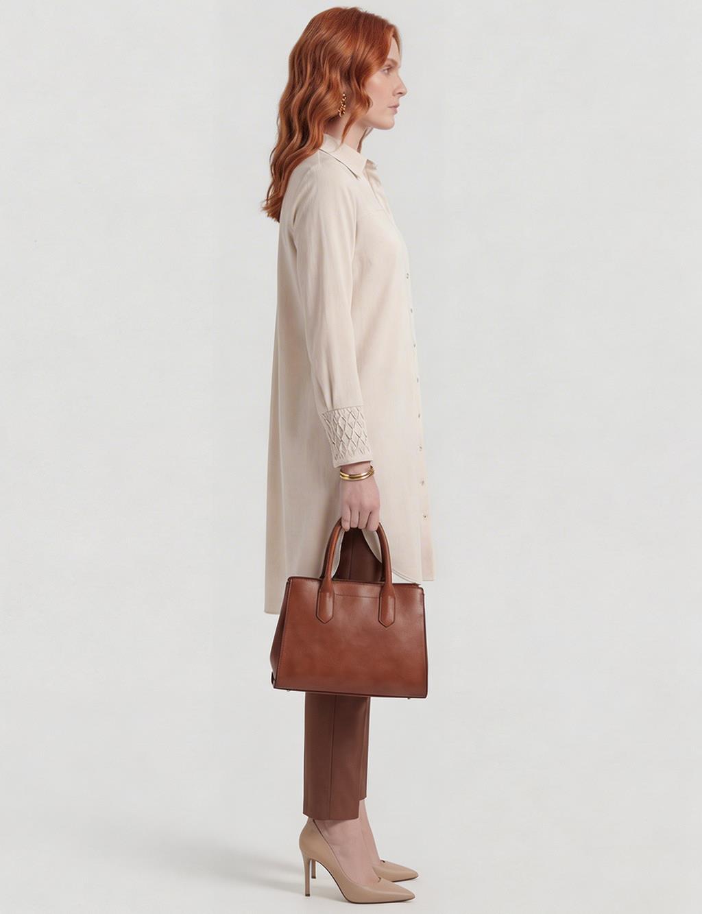 Manşet Detaylı Uzun Tunik Krem 