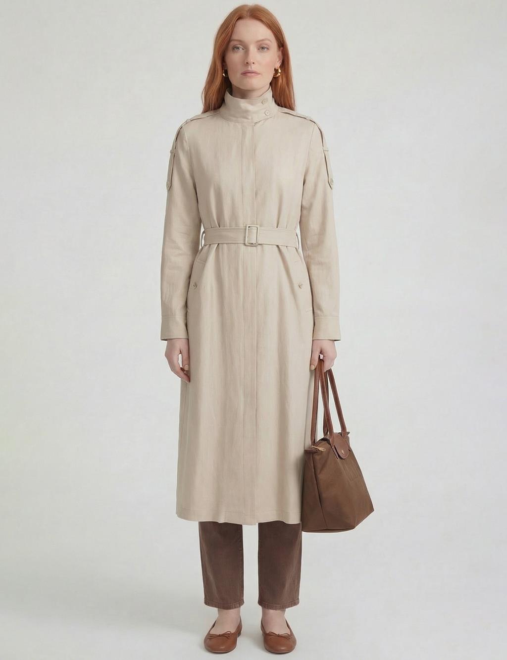 Belt-Detail Linen Lyocell Coat Stone