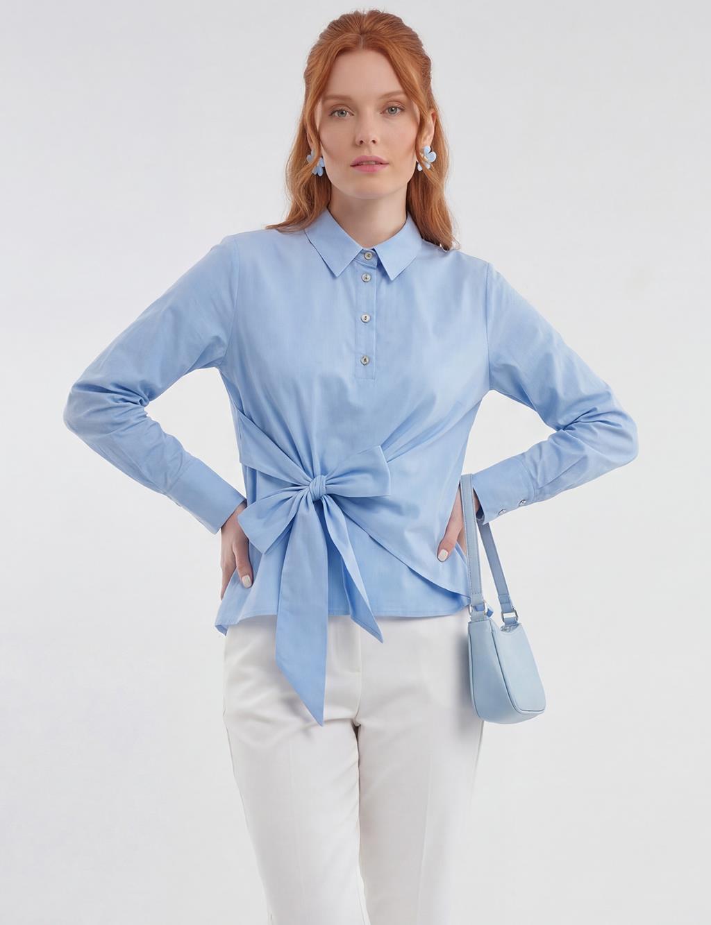 Tie-Detail Cotton Blouse Light Air Force Blue