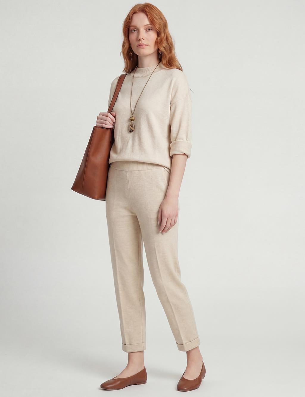 Button Detailed Knitwear Set Beige