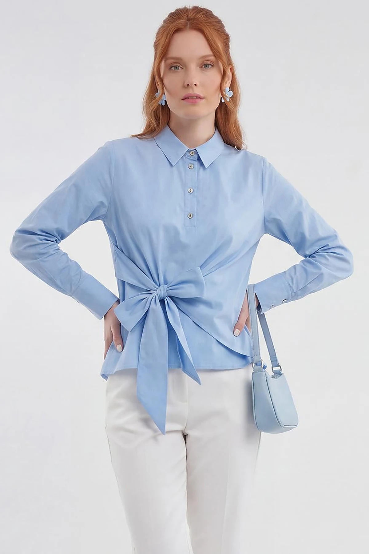 Tie-Detail Cotton Blouse Light Air Force Blue