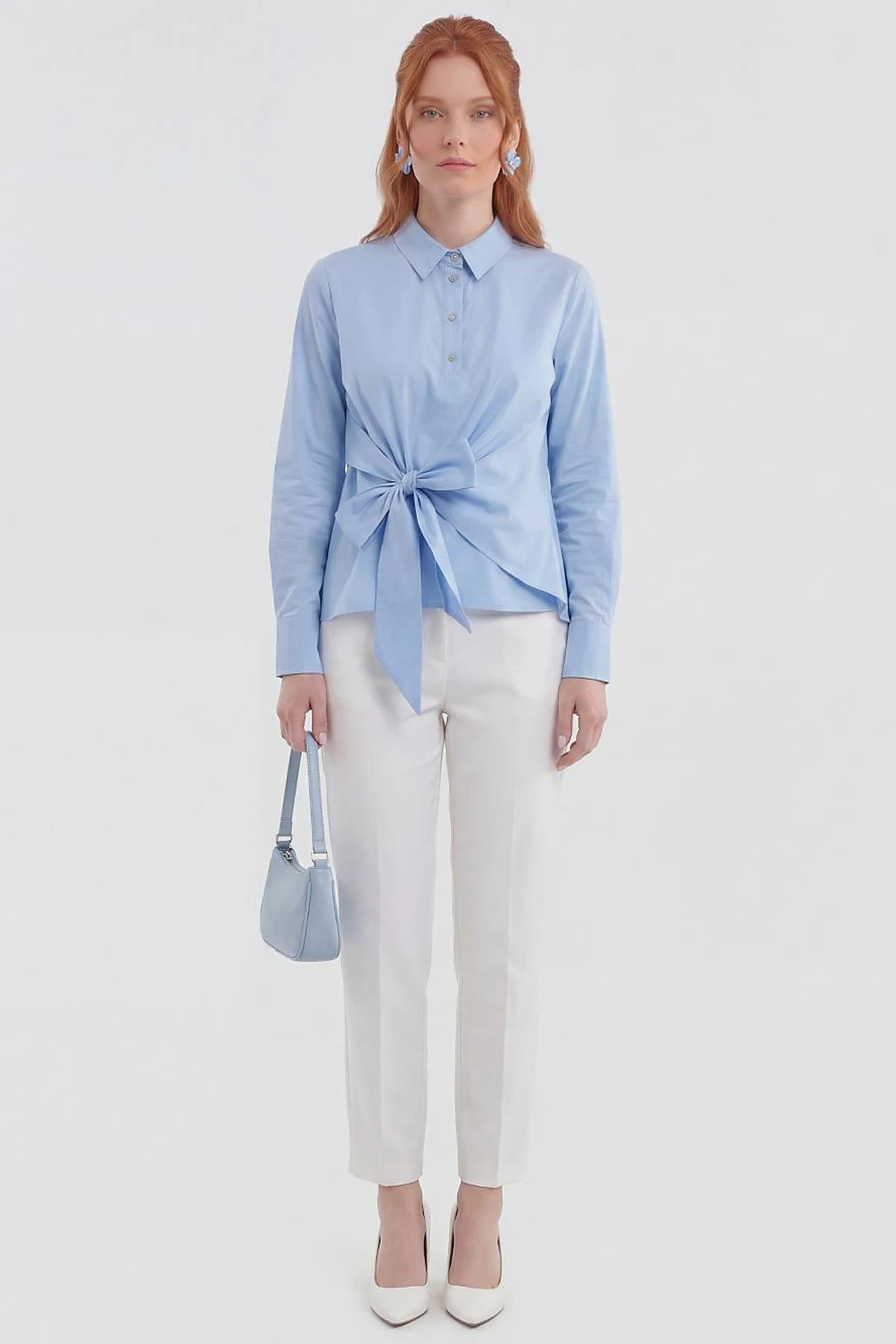 Tie-Detail Cotton Blouse Light Air Force Blue