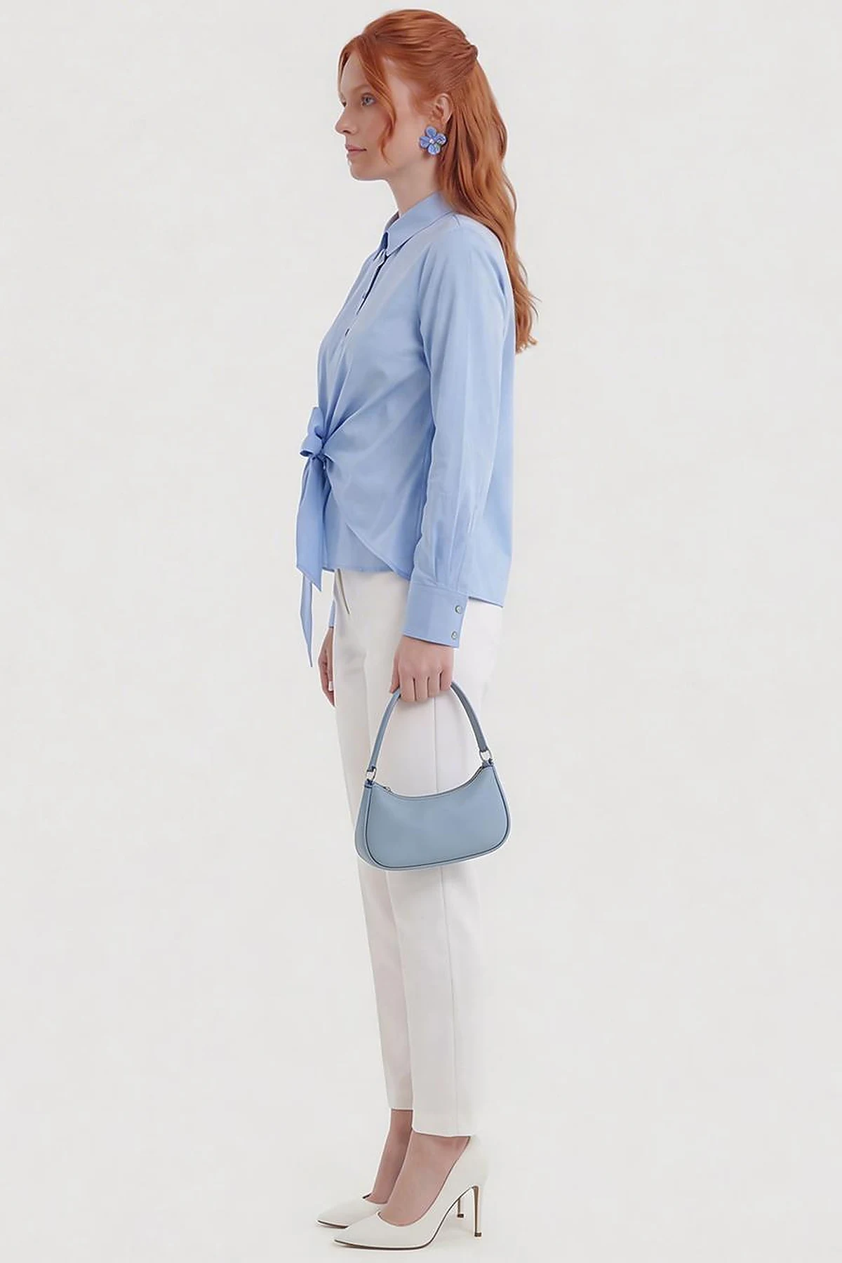 Tie-Detail Cotton Blouse Light Air Force Blue