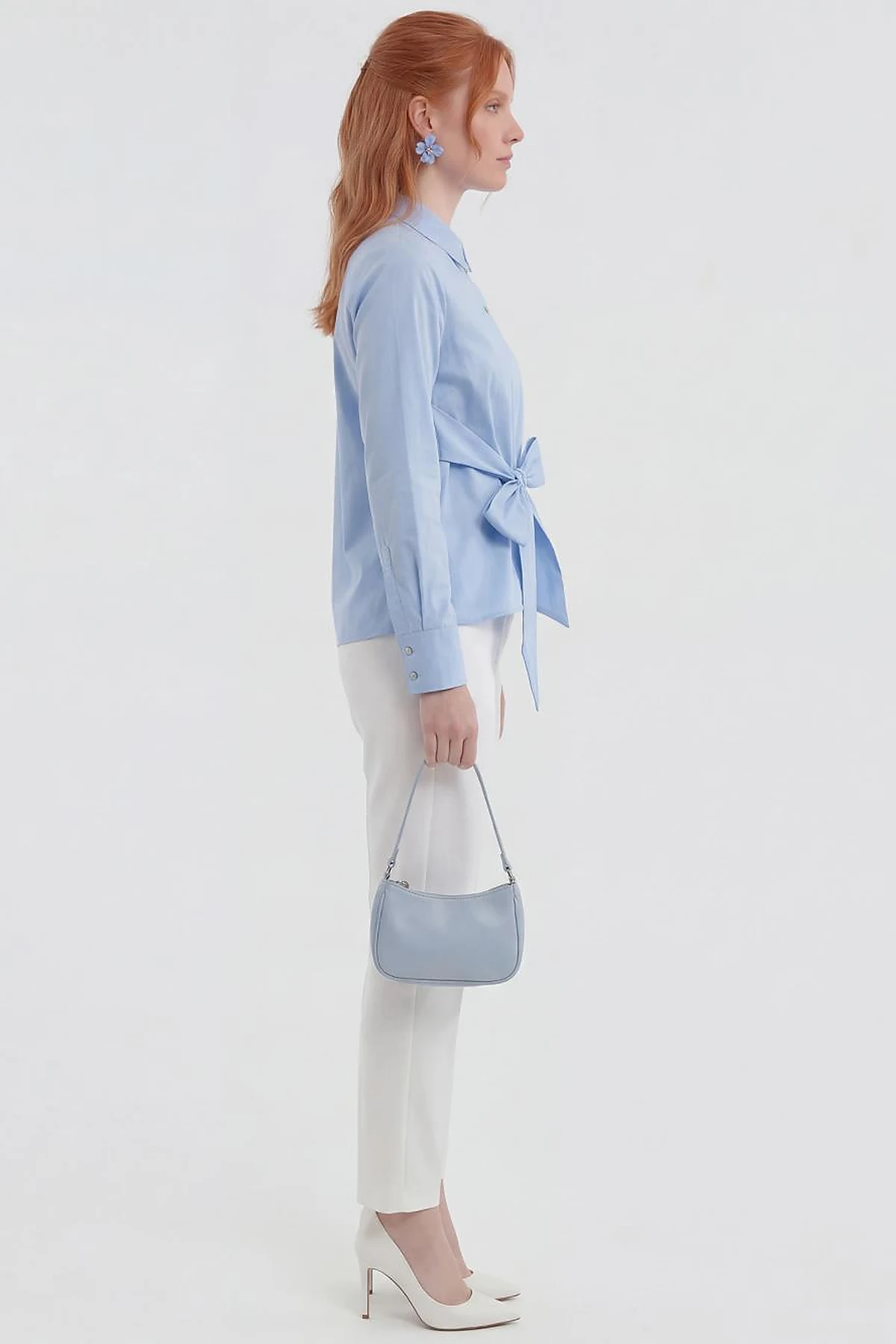 Tie-Detail Cotton Blouse Light Air Force Blue