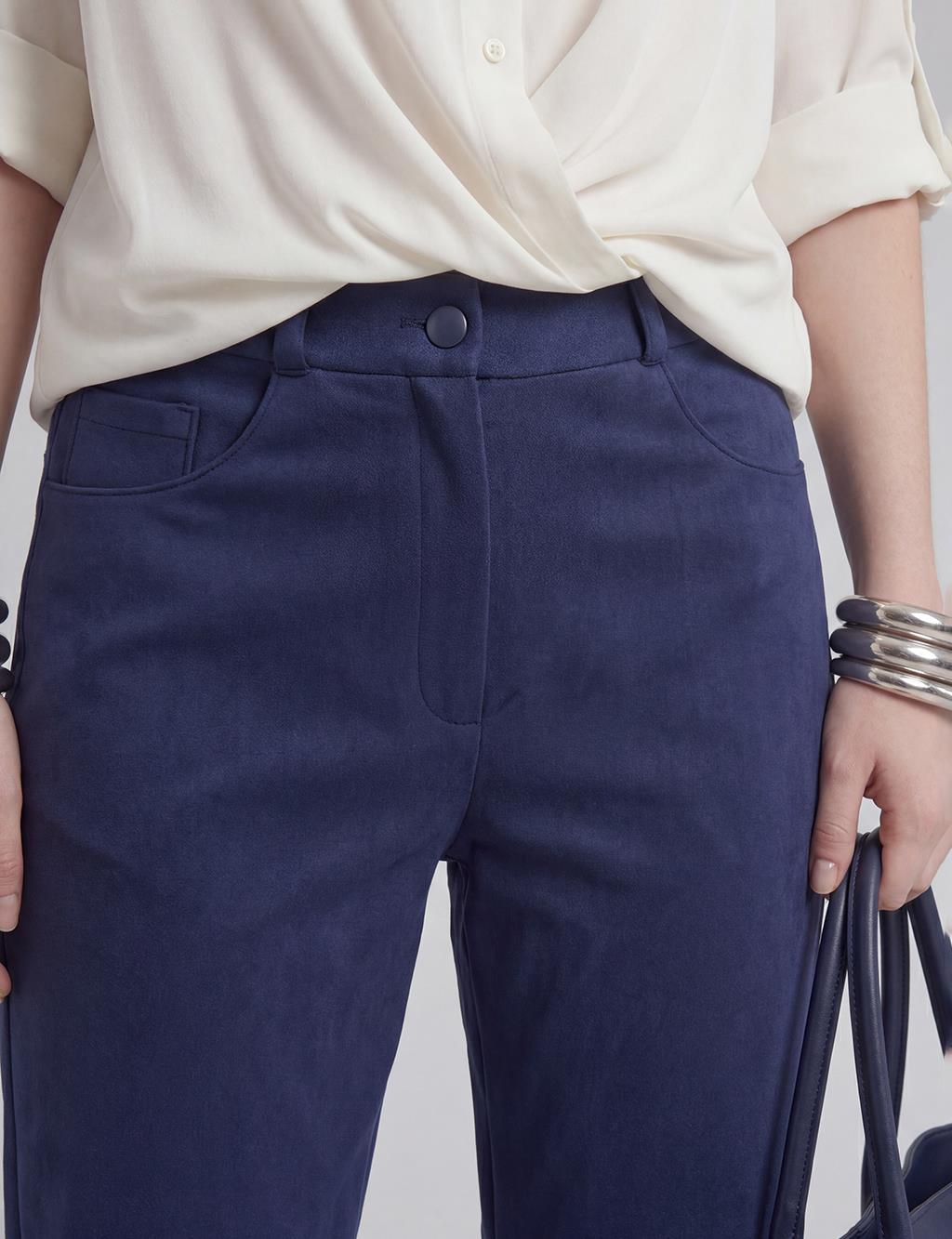 Suede Trousers with Stitching in Dark Navy Blue