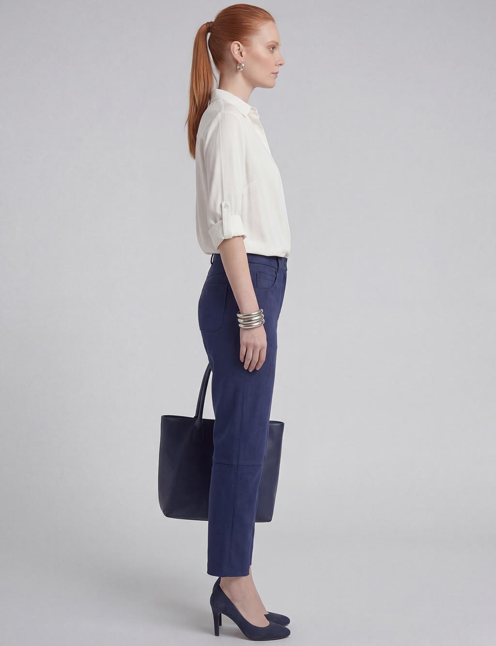Suede Trousers with Stitching in Dark Navy Blue