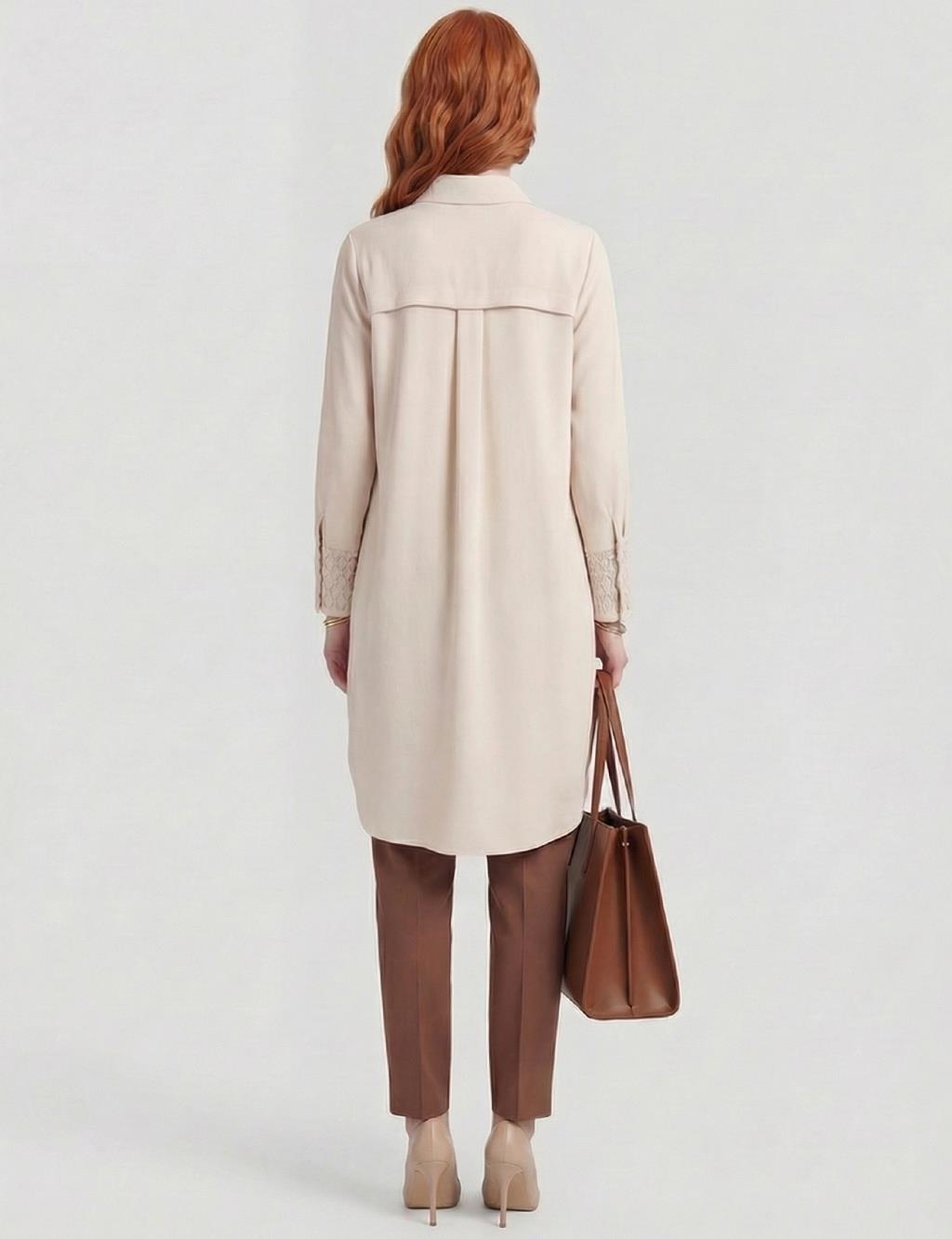 Manşet Detaylı Uzun Tunik Krem 
