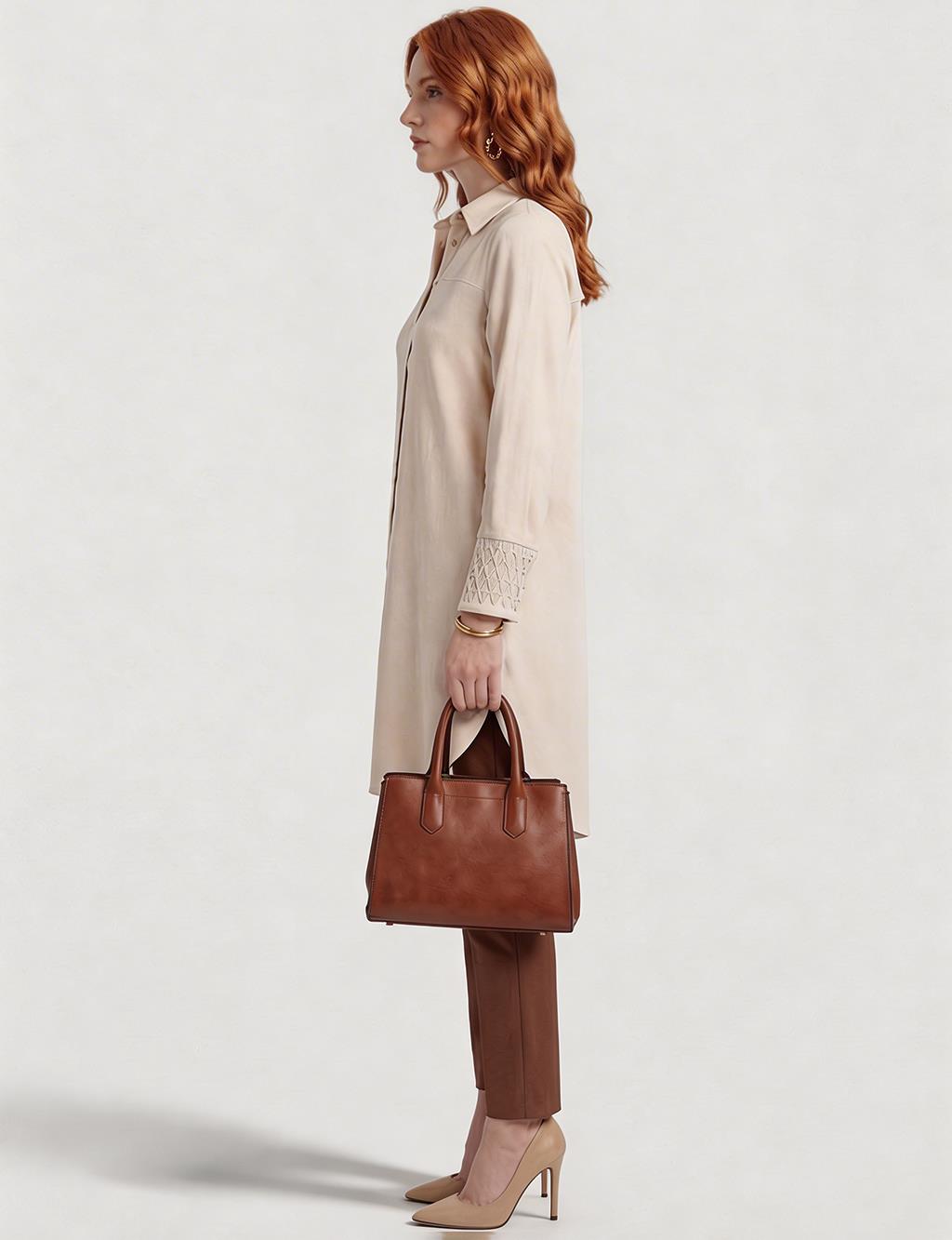 Manşet Detaylı Uzun Tunik Krem 