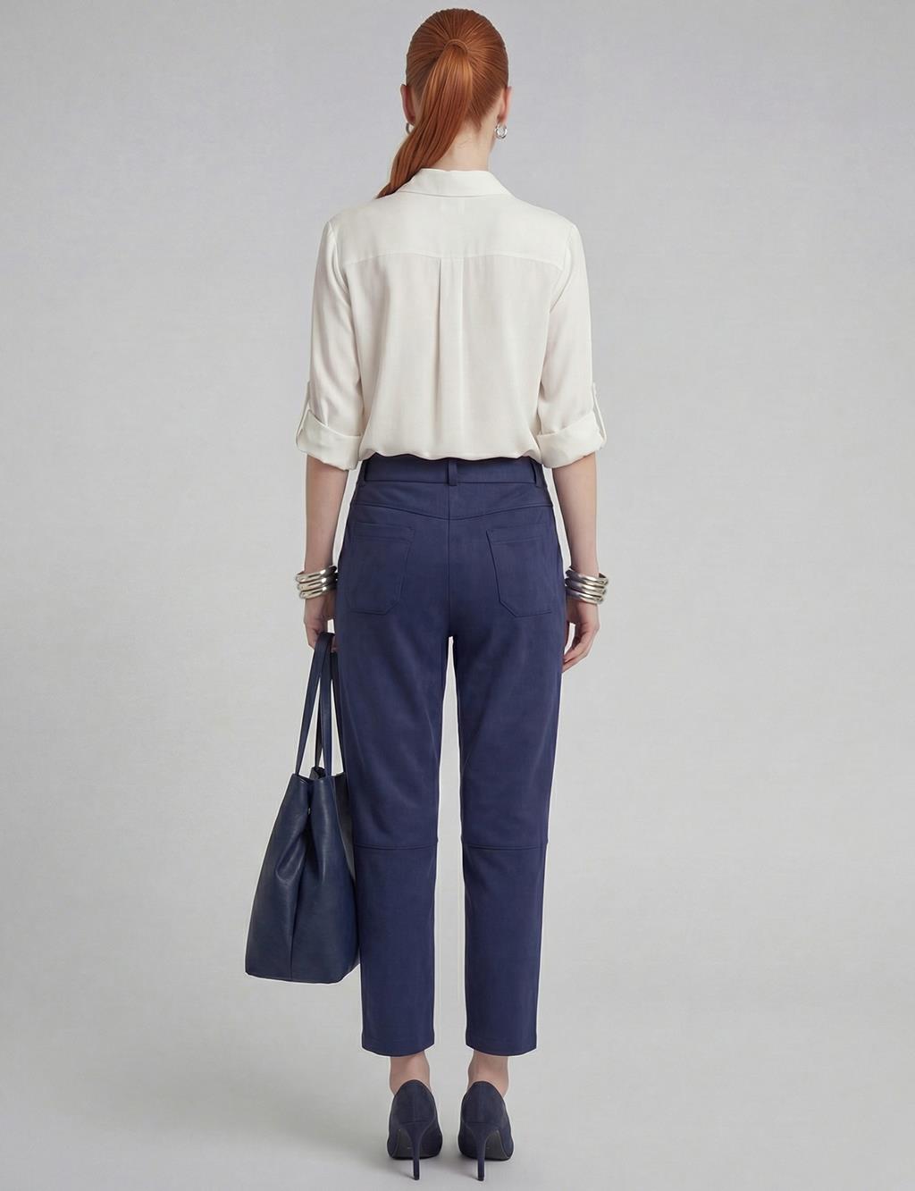 Suede Trousers with Stitching in Dark Navy Blue
