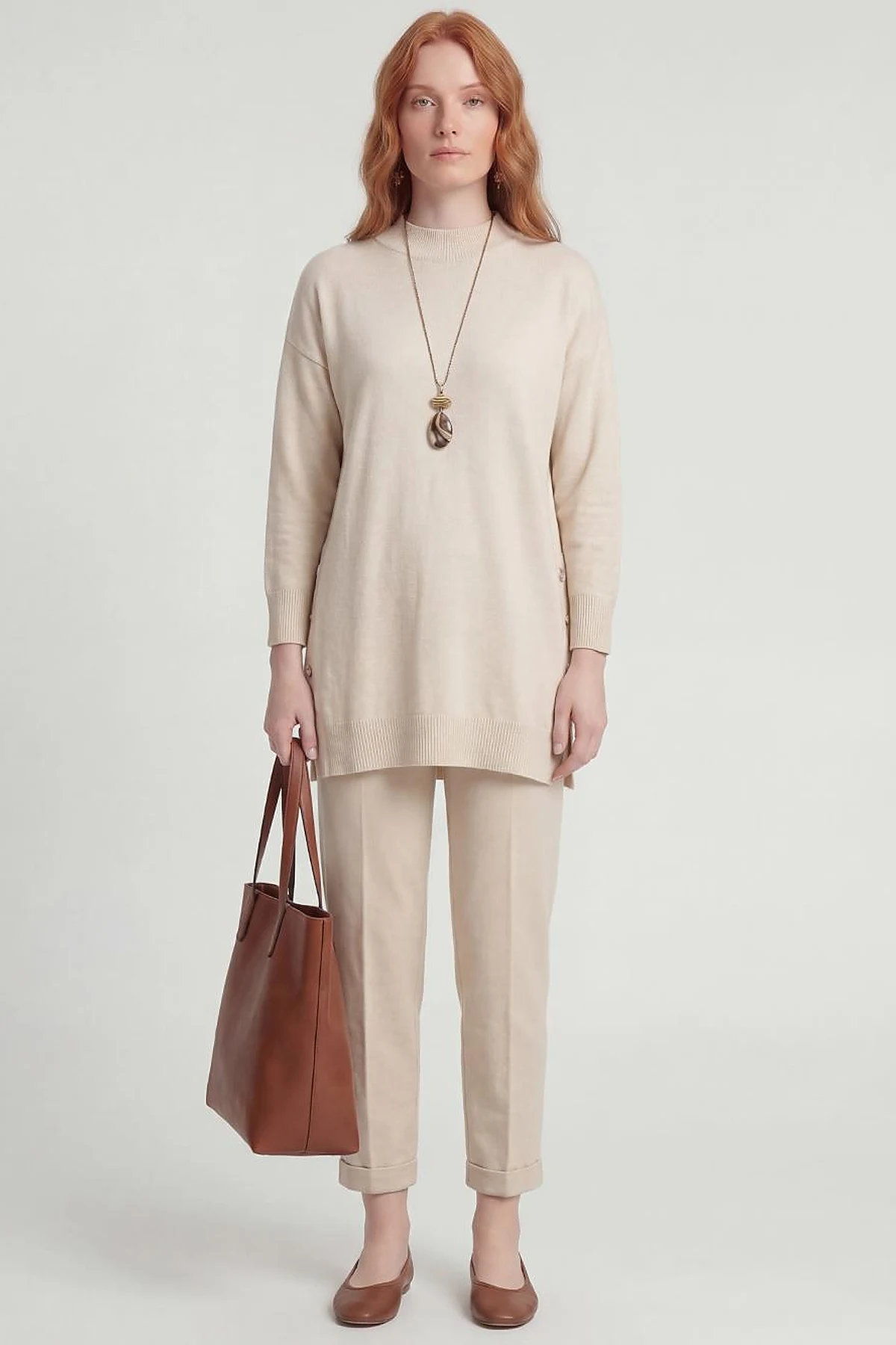 Button Detailed Knitwear Set Beige