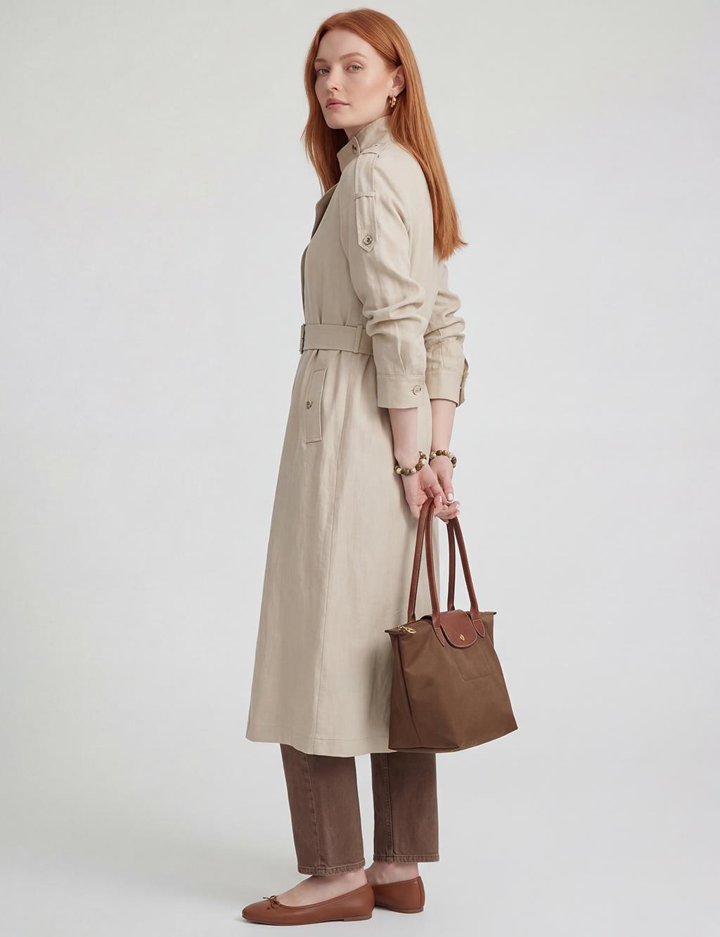 Belt-Detail Linen Lyocell Coat Stone