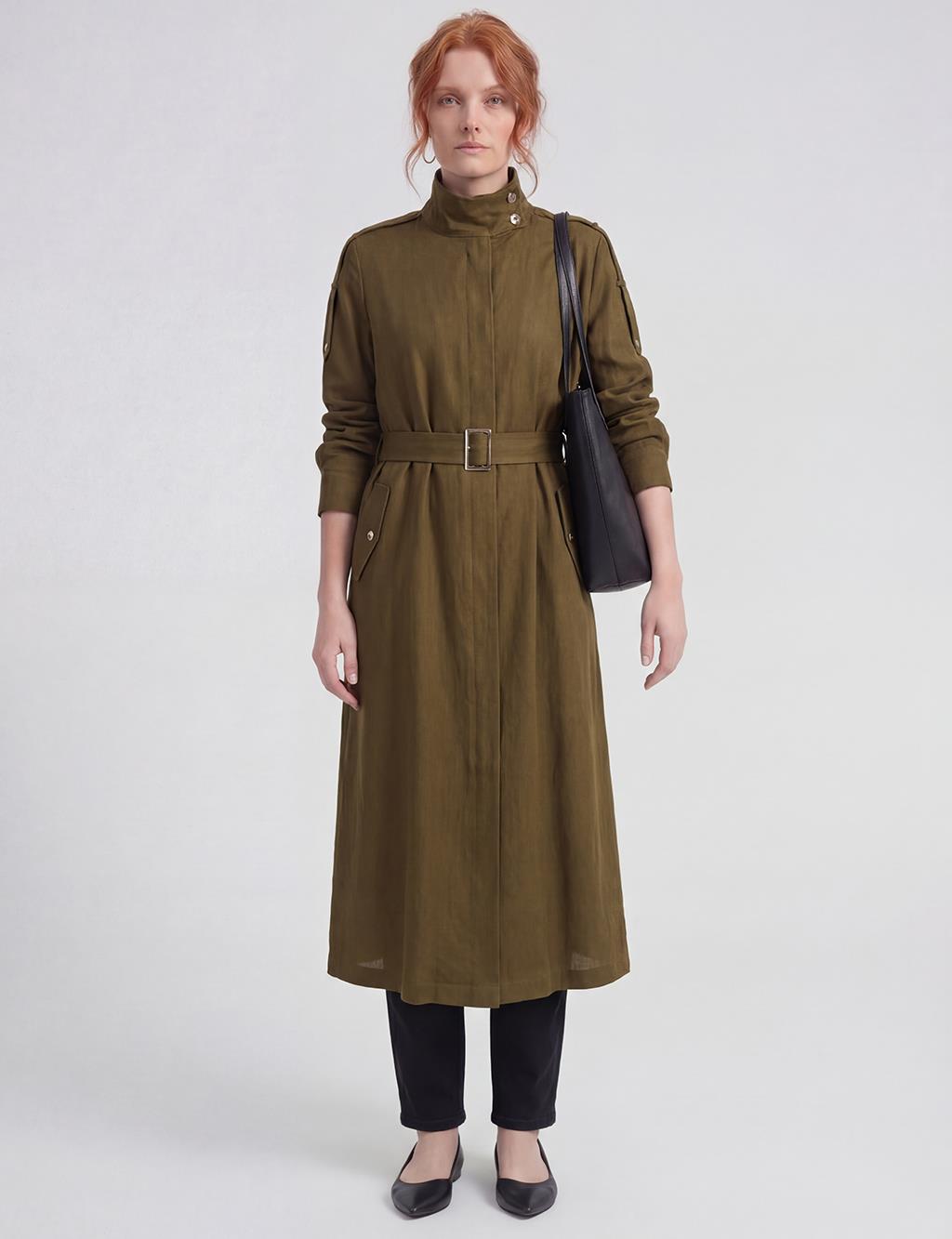 Belt-Detail Linen Lyocell Coat Dark Khaki