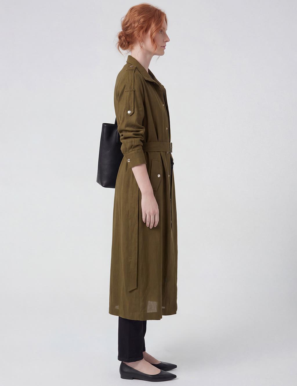 Belt-Detail Linen Lyocell Coat Dark Khaki