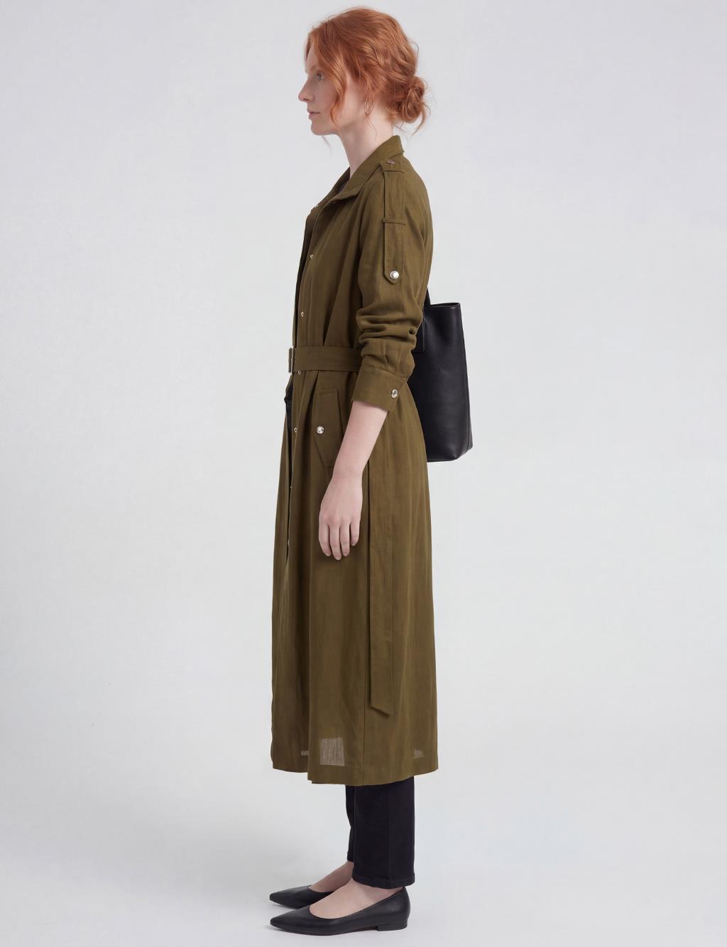 Belt-Detail Linen Lyocell Coat Dark Khaki