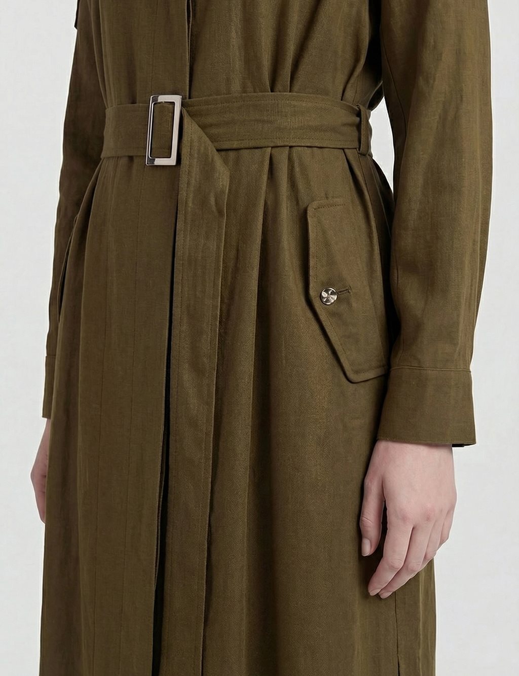 Belt-Detail Linen Lyocell Coat Dark Khaki