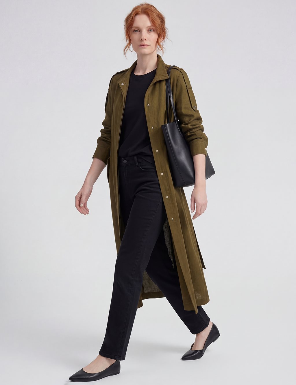 Belt-Detail Linen Lyocell Coat Dark Khaki