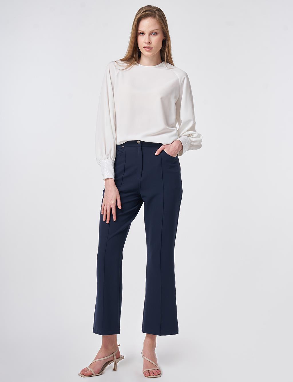 Topstitched Fabric Pants Dark Navy