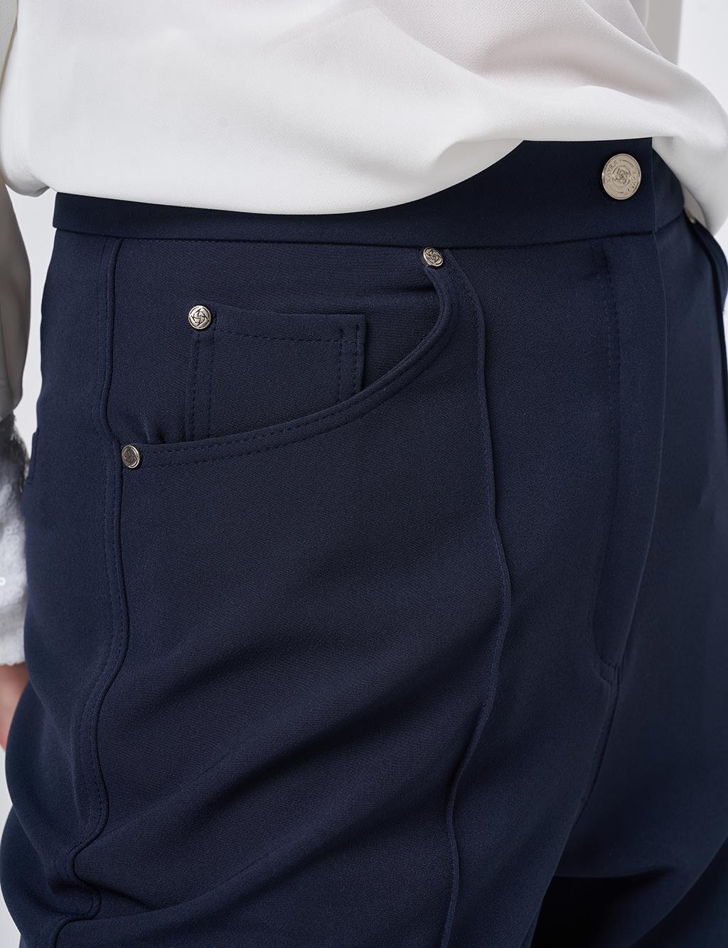 Topstitched Fabric Pants Dark Navy