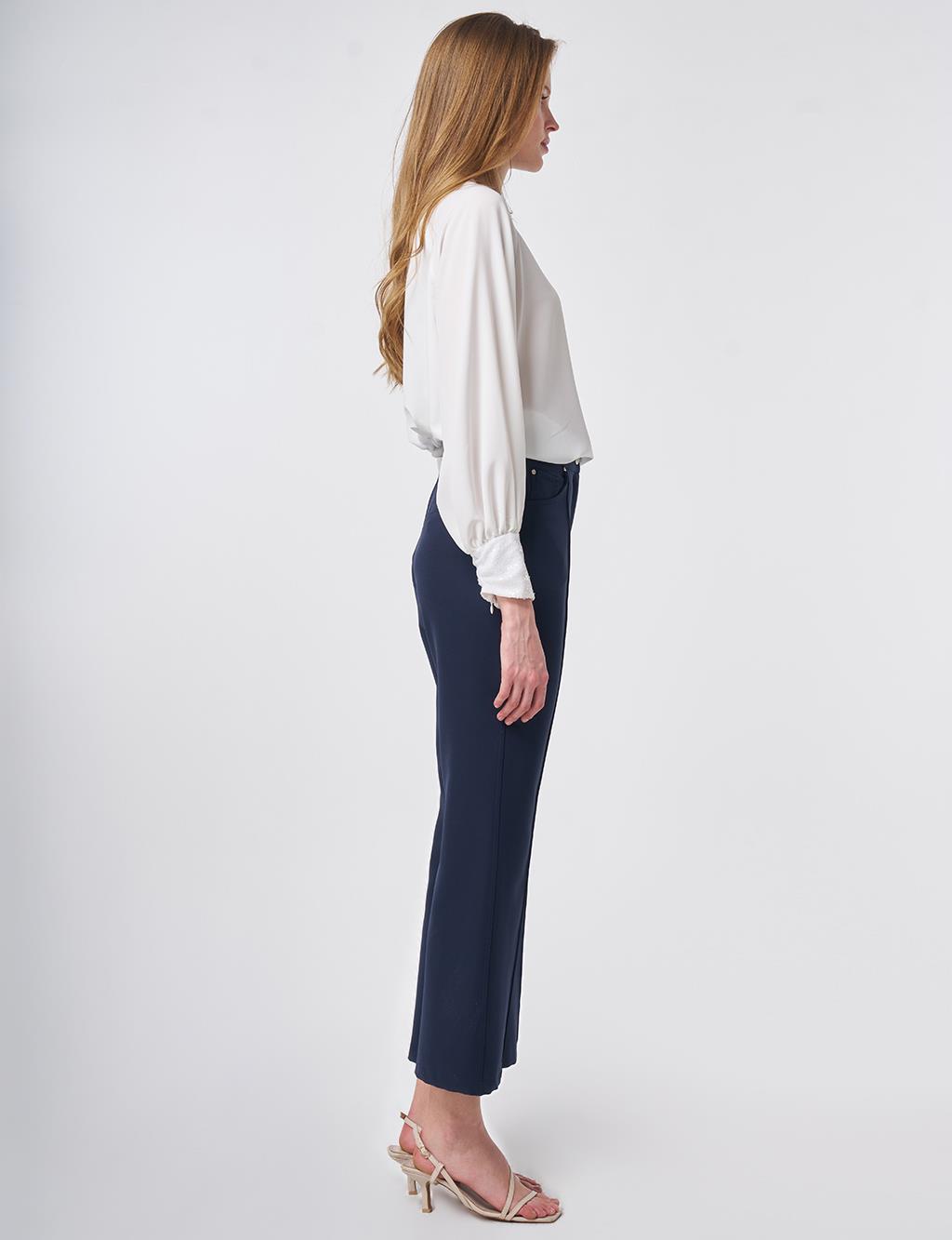 Topstitched Fabric Pants Dark Navy