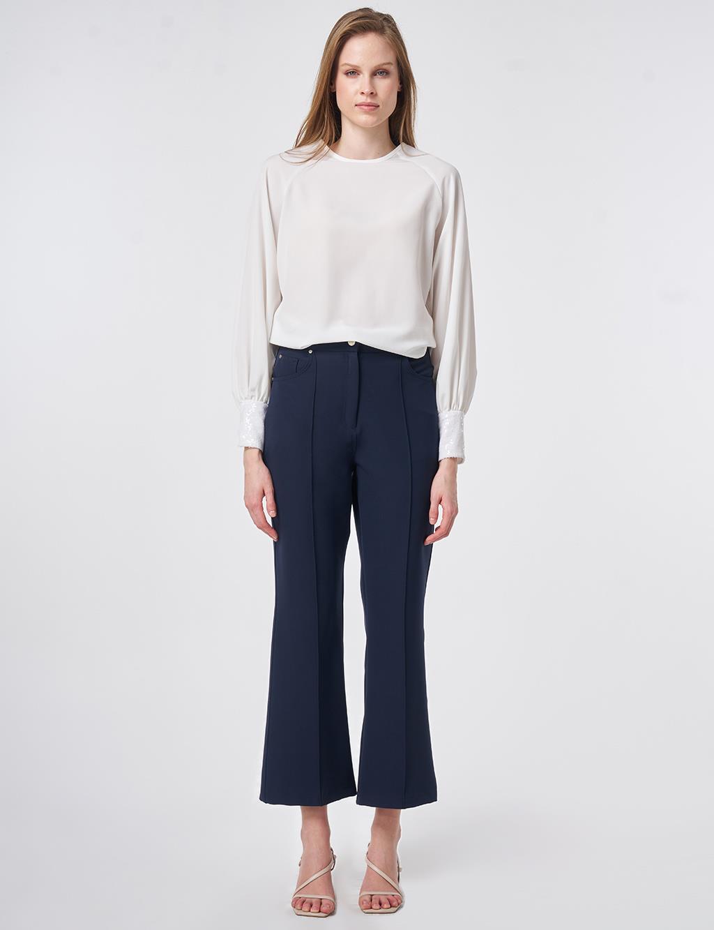 Topstitched Fabric Pants Dark Navy