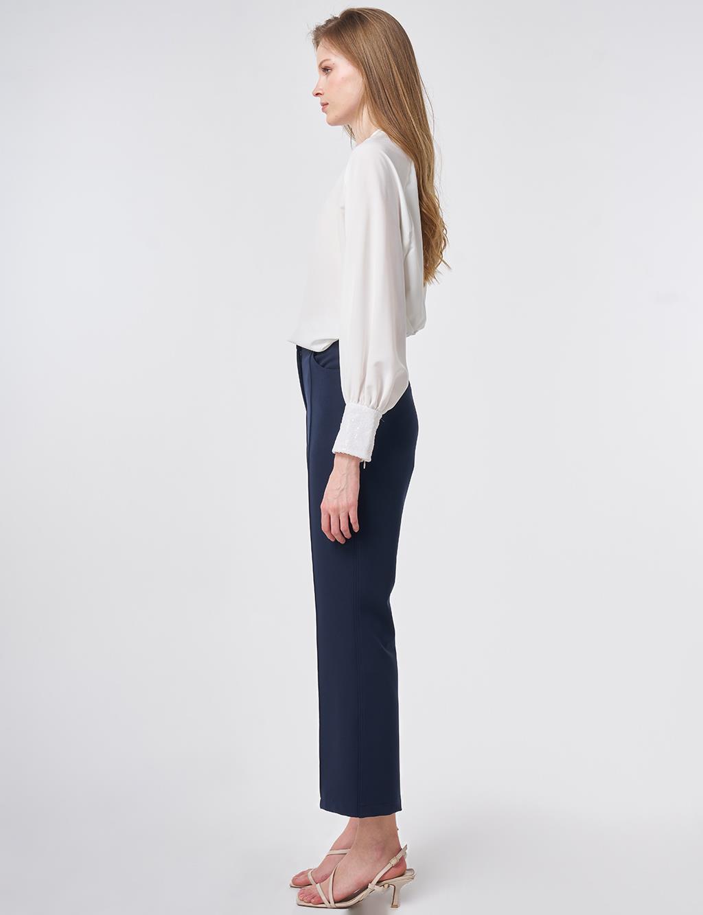 Topstitched Fabric Pants Dark Navy